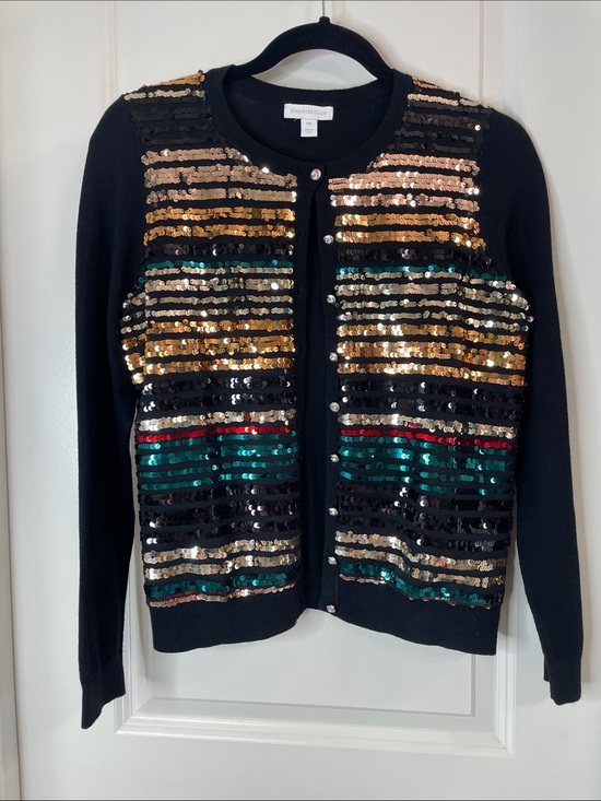 Charter Club Sweaters - Charter Club Black Cardigan with Gold and Green Sequin Stripes